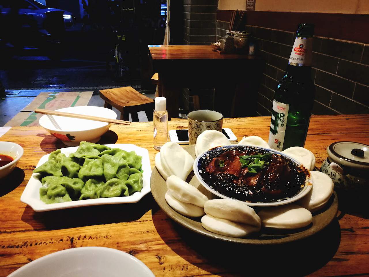 Spinach dumplings and pork belly in Xi'an